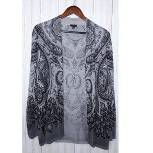 Talbots Cardigan Lambswool Open Paisley Grey Black
